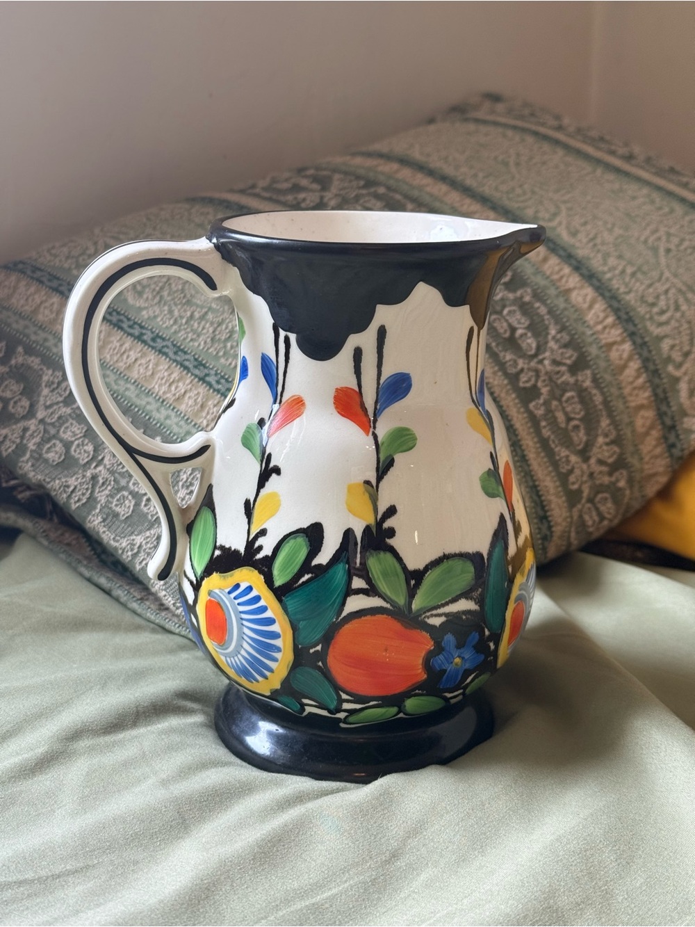 Czech Ditmar Urbach Art Deco Bohemian Floral Pottery Pitcher Water Jug Vintage